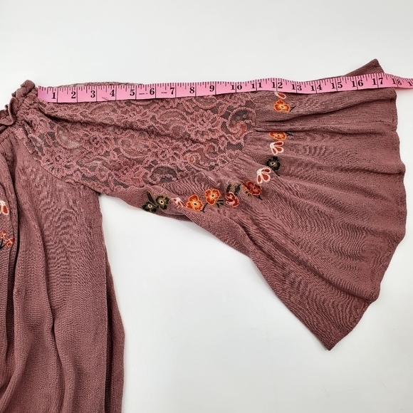 Umgee Mauve Floral Embroidered Lace Bell Sleeve Off Shoulder Dress - Picture 6 of 8